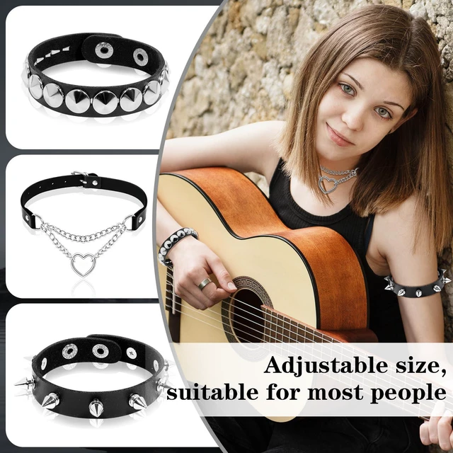 Alt view image 5 of 7 - ZAGQIG 3Pcs Leather Choker Necklace for Women Heart Chain Choker Necklace Studded Bracelet Punk Gothic Emo Accessories for Halloween Outfits Cosplay (Black A)