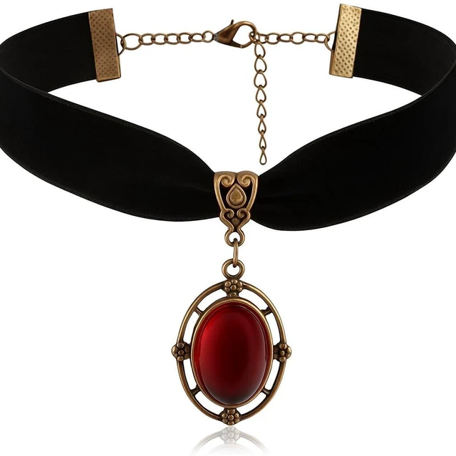 Main image of Gothic Victorian Black Lace Velvet Choker Necklace with Red Crystal Pendant | Soft velvet ribbon, durable alloy chain, adjustable 12-15 inches, teardrop crystal, ideal for cosplay and parties