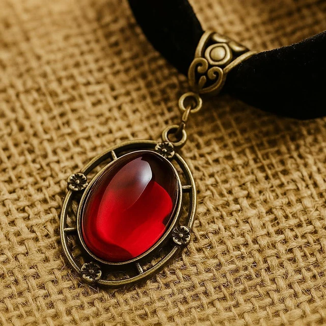 Alt view image 3 of 6 - Gothic Victorian Black Lace Velvet Choker Necklace with Red Crystal Pendant | Soft velvet ribbon, durable alloy chain, adjustable 12-15 inches, teardrop crystal, ideal for cosplay and parties