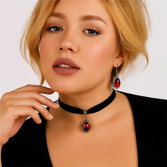 Alt view image 4 of 6 - Gothic Victorian Black Lace Velvet Choker Necklace with Red Crystal Pendant | Soft velvet ribbon, durable alloy chain, adjustable 12-15 inches, teardrop crystal, ideal for cosplay and parties
