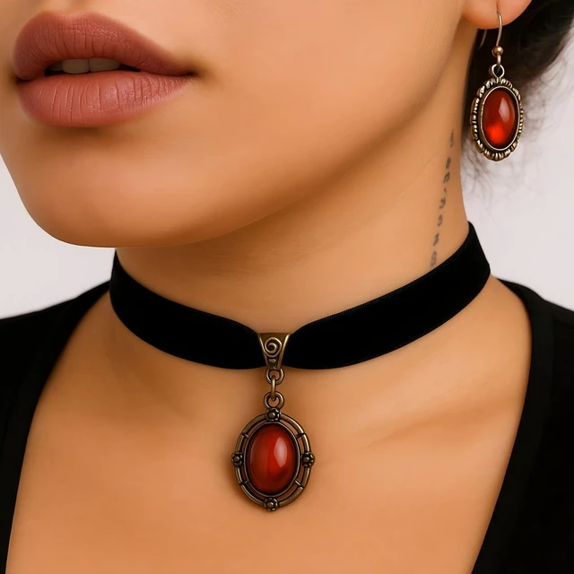 Alt view image 5 of 6 - Gothic Victorian Black Lace Velvet Choker Necklace with Red Crystal Pendant | Soft velvet ribbon, durable alloy chain, adjustable 12-15 inches, teardrop crystal, ideal for cosplay and parties