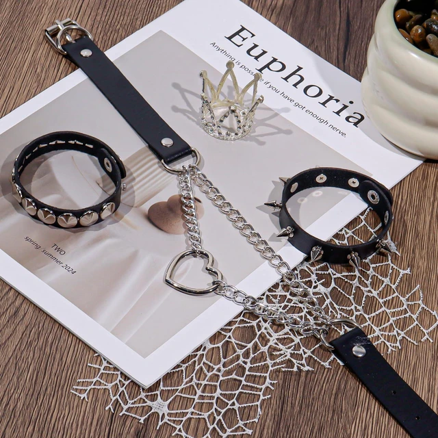 Alt view image 7 of 7 - ZAGQIG 3Pcs Leather Choker Necklace for Women Heart Chain Choker Necklace Studded Bracelet Punk Gothic Emo Accessories for Halloween Outfits Cosplay (Black A)