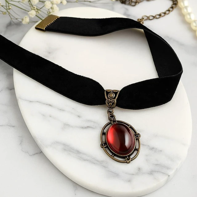 Alt view image 6 of 6 - Gothic Victorian Black Lace Velvet Choker Necklace with Red Crystal Pendant | Soft velvet ribbon, durable alloy chain, adjustable 12-15 inches, teardrop crystal, ideal for cosplay and parties