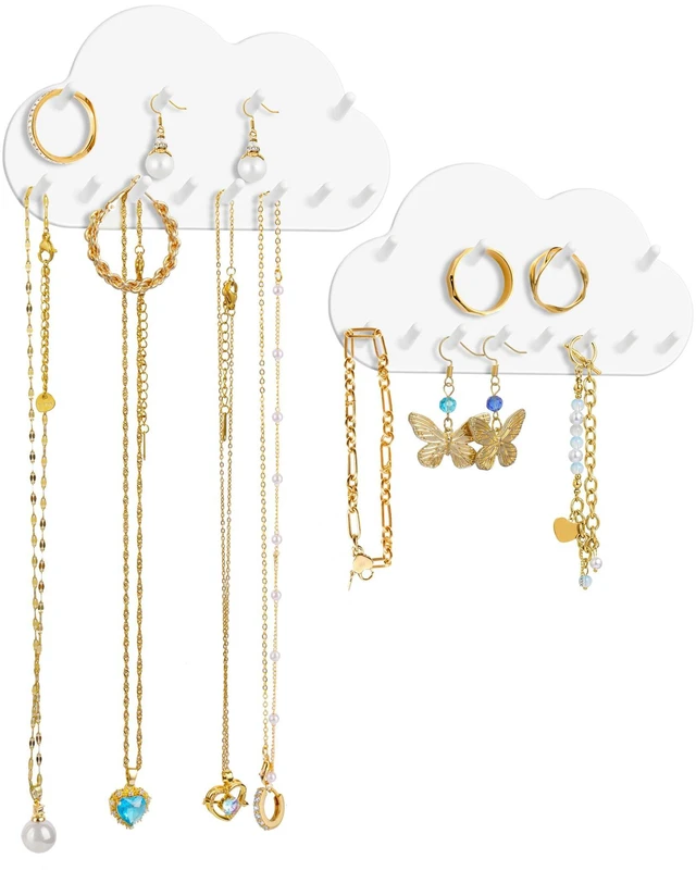 Main image of NiHome 2-Pack Cloud Shape Wall-Mounted Hanging Jewelry Organizers for Necklaces, Bracelets, Earrings, Hair Ties, No-Drill Space-Saving Racks for Bathroom, Bedroom, Vanity, Closet, Door, Mirror (White)