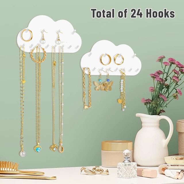 Alt view image 2 of 7 - NiHome 2-Pack Cloud Shape Wall-Mounted Hanging Jewelry Organizers for Necklaces, Bracelets, Earrings, Hair Ties, No-Drill Space-Saving Racks for Bathroom, Bedroom, Vanity, Closet, Door, Mirror (White)