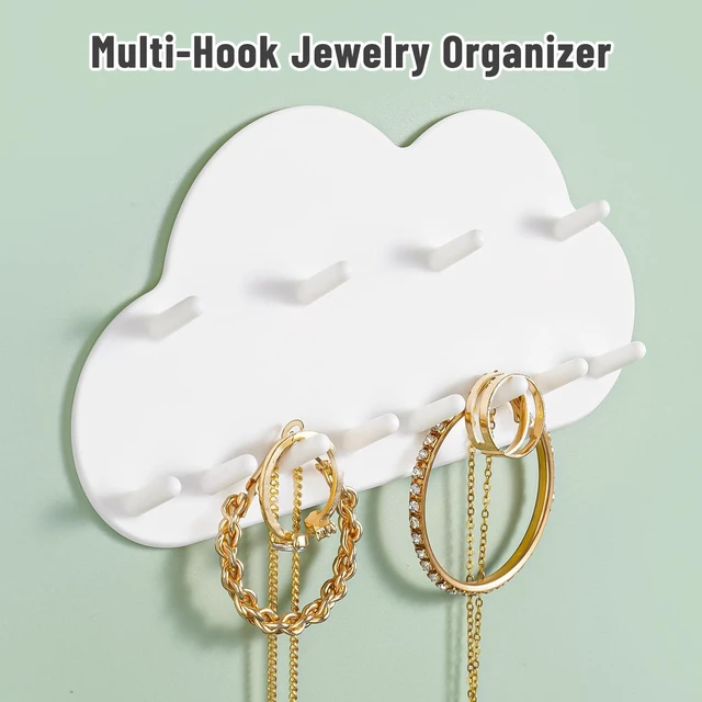 Alt view image 3 of 7 - NiHome 2-Pack Cloud Shape Wall-Mounted Hanging Jewelry Organizers for Necklaces, Bracelets, Earrings, Hair Ties, No-Drill Space-Saving Racks for Bathroom, Bedroom, Vanity, Closet, Door, Mirror (White)