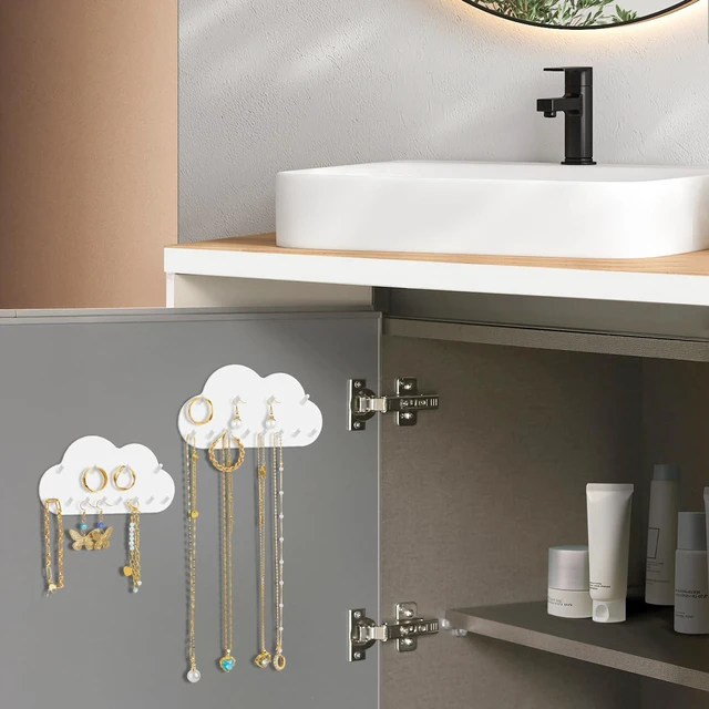 Alt view image 4 of 7 - NiHome 2-Pack Cloud Shape Wall-Mounted Hanging Jewelry Organizers for Necklaces, Bracelets, Earrings, Hair Ties, No-Drill Space-Saving Racks for Bathroom, Bedroom, Vanity, Closet, Door, Mirror (White)