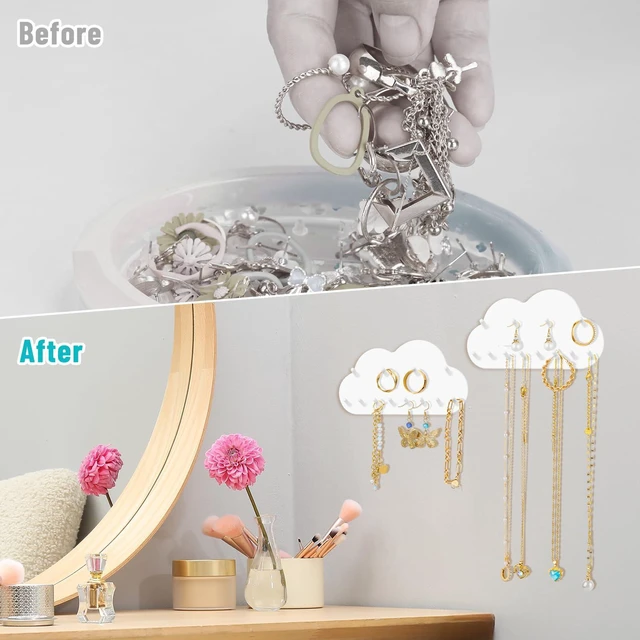 Alt view image 5 of 7 - NiHome 2-Pack Cloud Shape Wall-Mounted Hanging Jewelry Organizers for Necklaces, Bracelets, Earrings, Hair Ties, No-Drill Space-Saving Racks for Bathroom, Bedroom, Vanity, Closet, Door, Mirror (White)