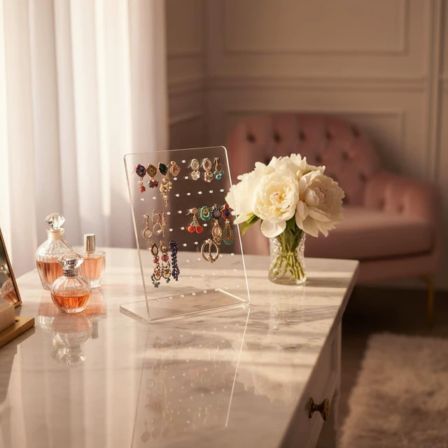 Alt view image 6 of 7 - Translucent Earrings Stand Display Showing Showcase Rack Ear Cuff Studs Holder Hanger Hook 72 Holes 36 Pairs Jewelry Towers