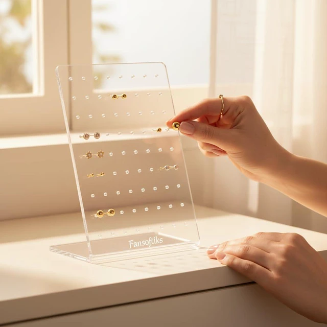 Alt view image 7 of 7 - Translucent Earrings Stand Display Showing Showcase Rack Ear Cuff Studs Holder Hanger Hook 72 Holes 36 Pairs Jewelry Towers