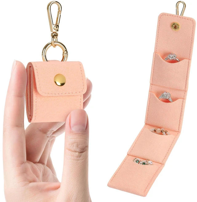 Main image of Mini Travel Jewelry Organizer Case with Keychain (Pink) | Portable Velvet Ring Holder Pouch, for Rings Earrings Necklace Stud, Small Jewelry Storage Box, for Gym Women