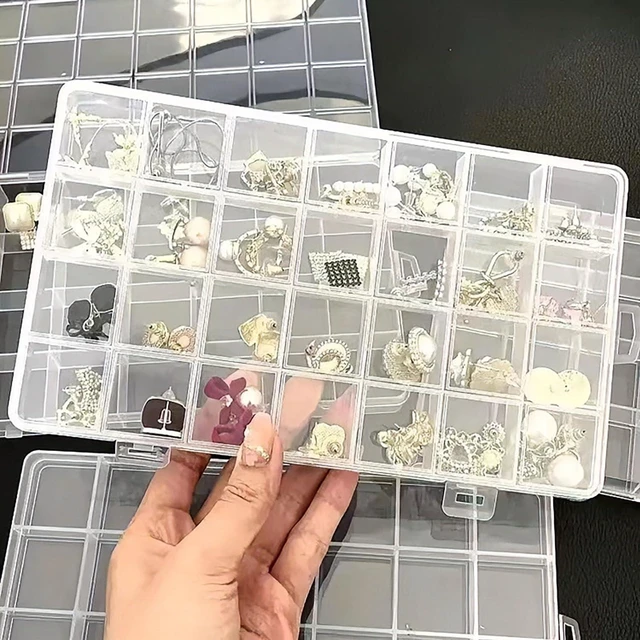 Alt view image 3 of 5 - 24 Grids Jewelry Organizer, 7.5 In x 5.2 In Fixed Clear Plastic Storage Box Earring Tool Small Items Containers (1)