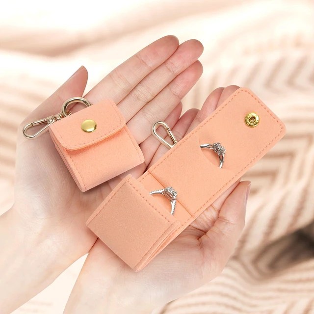Alt view image 6 of 7 - Mini Travel Jewelry Organizer Case with Keychain (Pink) | Portable Velvet Ring Holder Pouch, for Rings Earrings Necklace Stud, Small Jewelry Storage Box, for Gym Women