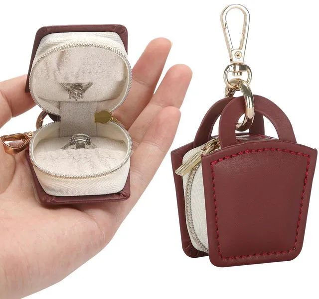Main image of Travel Jewelry Ring Holder Box with Keychain (Red) | Small Ring Earring Stud Necklace Storage Case, for Gym Sports