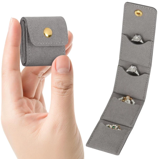 Main image of Mini Travel Jewelry Organizer Bag (Grey) | Foldable 4 Compartment, Gym Jewelry Holder Case, Ring Earring Necklace Storage Roll Pouch, Gift for Women