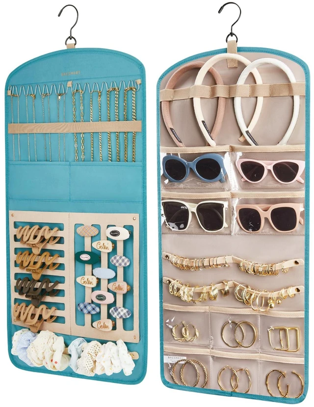 Main image of Hanging Jewelry Organizer Claw Clip Necklace Holder Roll for Hair Ties, Headbands, Clips, Earrings, Necklaces, Glasses Double-Sided on Closet, Wall, Door, 1 piece, Large-Teal