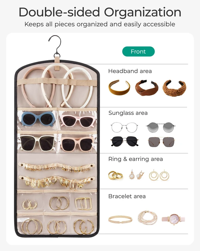 Alt view image 2 of 7 - Hanging Jewelry Organizer Claw Clip Necklace Holder Roll for Hair Ties, Headbands, Clips, Earrings, Necklaces, Glasses Double-Sided on Closet, Wall, Door, 1 piece, Large-Teal