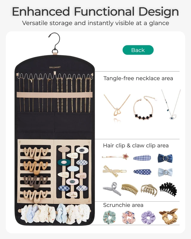 Alt view image 3 of 7 - Hanging Jewelry Organizer Claw Clip Necklace Holder Roll for Hair Ties, Headbands, Clips, Earrings, Necklaces, Glasses Double-Sided on Closet, Wall, Door, 1 piece, Large-Teal