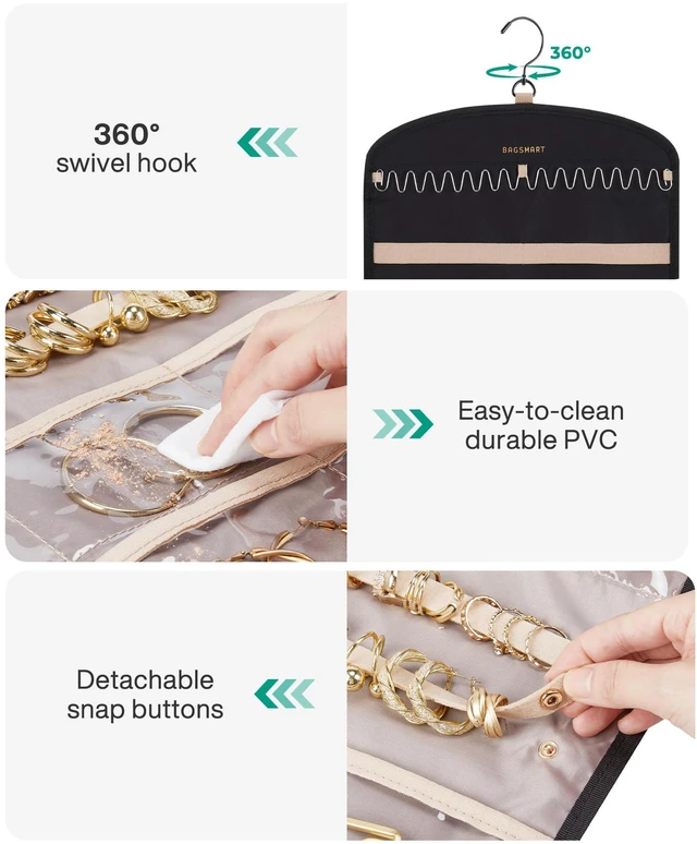 Alt view image 5 of 7 - Hanging Jewelry Organizer Claw Clip Necklace Holder Roll for Hair Ties, Headbands, Clips, Earrings, Necklaces, Glasses Double-Sided on Closet, Wall, Door, 1 piece, Large-Teal
