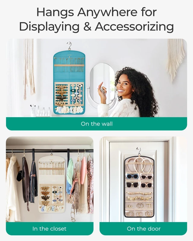 Alt view image 7 of 7 - Hanging Jewelry Organizer Claw Clip Necklace Holder Roll for Hair Ties, Headbands, Clips, Earrings, Necklaces, Glasses Double-Sided on Closet, Wall, Door, 1 piece, Large-Teal