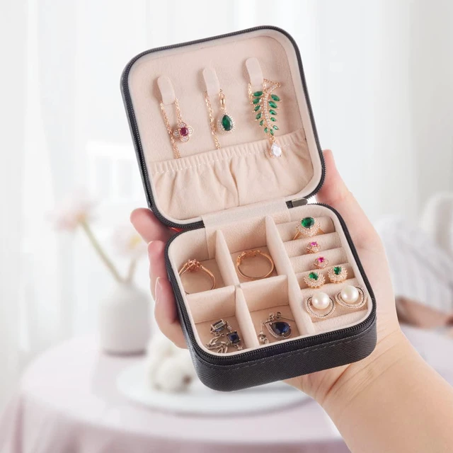Alt view image 3 of 7 - Mini Jewelry Travel Case,Small Jewelry Box,Traveling Jewelry Organizer,Portable Jewellery Storage Holder for Rings Earrings Necklace Bracelet Bangle Organizer,Boxes for Girls Women(PU-Black)