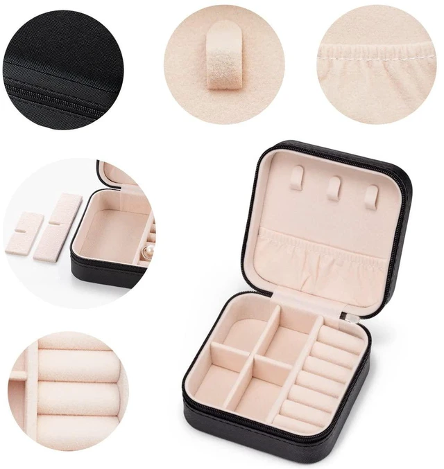 Alt view image 4 of 7 - Mini Jewelry Travel Case,Small Jewelry Box,Traveling Jewelry Organizer,Portable Jewellery Storage Holder for Rings Earrings Necklace Bracelet Bangle Organizer,Boxes for Girls Women(PU-Black)
