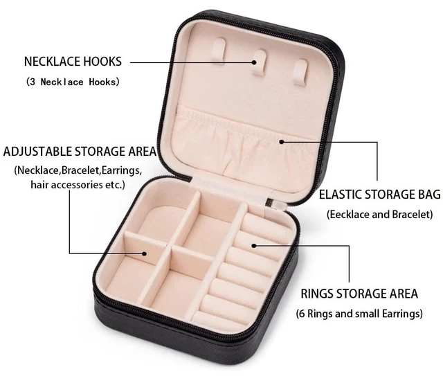 Alt view image 5 of 7 - Mini Jewelry Travel Case,Small Jewelry Box,Traveling Jewelry Organizer,Portable Jewellery Storage Holder for Rings Earrings Necklace Bracelet Bangle Organizer,Boxes for Girls Women(PU-Black)