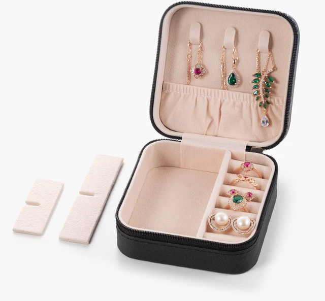 Alt view image 6 of 7 - Mini Jewelry Travel Case,Small Jewelry Box,Traveling Jewelry Organizer,Portable Jewellery Storage Holder for Rings Earrings Necklace Bracelet Bangle Organizer,Boxes for Girls Women(PU-Black)