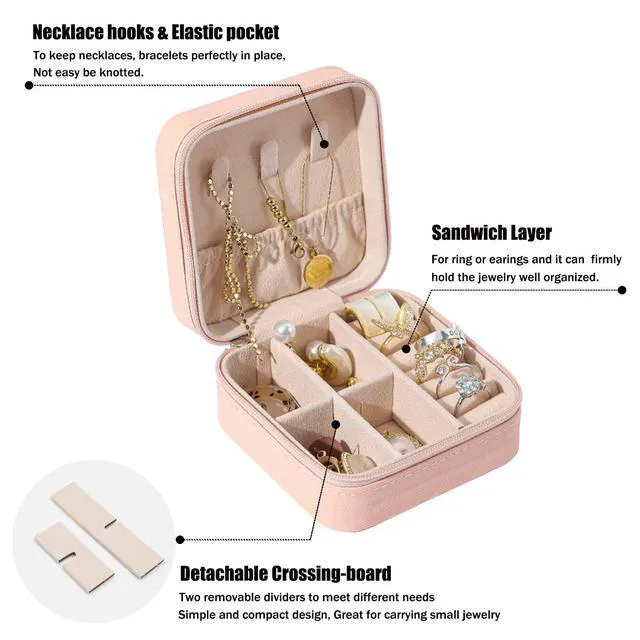 Alt view image 2 of 7 - Jewelry Travel Case, Mini Portable Jewellery Organizer Box for Women, Pink | Simple & Fashion, PU Leather, Travel Size, Small Jewellery Storage Holder for Rings, Earrings, Necklaces, Bracelets, Watche