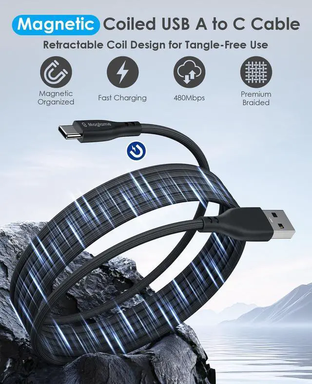 Alt view image 2 of 7 - Magnetic Coiled USB A to USB C Cable 3.3ft 27W Fast Charging Cord | Magnetic Coiling USB Cable for Desk & Car Organization, Tangle-Free Charging Cord Compatible with iPhone 17/16, USB-C Devices