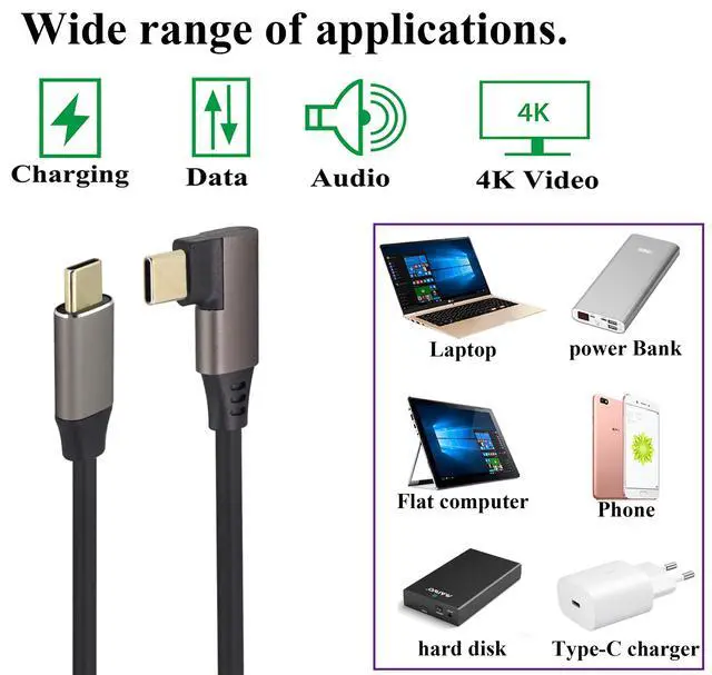 Alt view image 7 of 7 - 90 Degree USB 3.1 Type c to Type C Cable 60W&3A Right & Left Angled 3.1 USB Type C Male Extension Cable Supports Charging,Data,Audio,Video Cable for Laptop&Tablet&Mobile Phone.(0.3M/1Ft)
