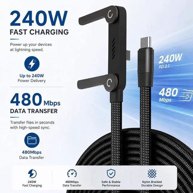 Alt view image 3 of 6 - 2-in-1 Invisible Stand Type C Charger - 240W Fast Charging Cable with Built-in Phone Stand - 90° Right-Angle & 480Mbps Data Sync - 4.9FT USB C Braided Cord Compatible with iPhone & Android Phones