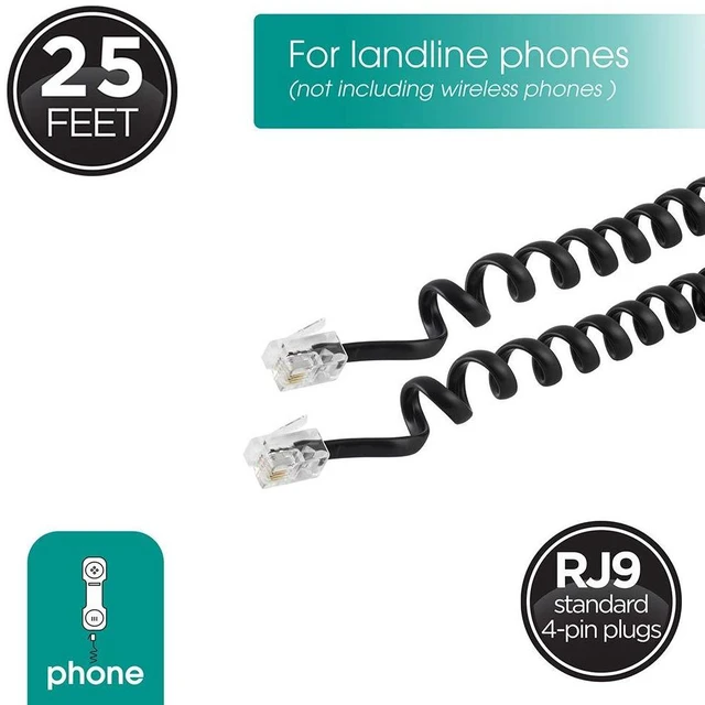 Alt view image 2 of 7 - Coiled Telephone Cord, 4 Feet Coiled, 25 Feet Uncoiled, Phone Cord works with All Corded Landline Phones, For Use in Home or Office, Black, 76139