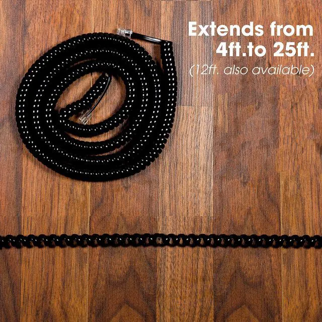 Alt view image 4 of 7 - Coiled Telephone Cord, 4 Feet Coiled, 25 Feet Uncoiled, Phone Cord works with All Corded Landline Phones, For Use in Home or Office, Black, 76139