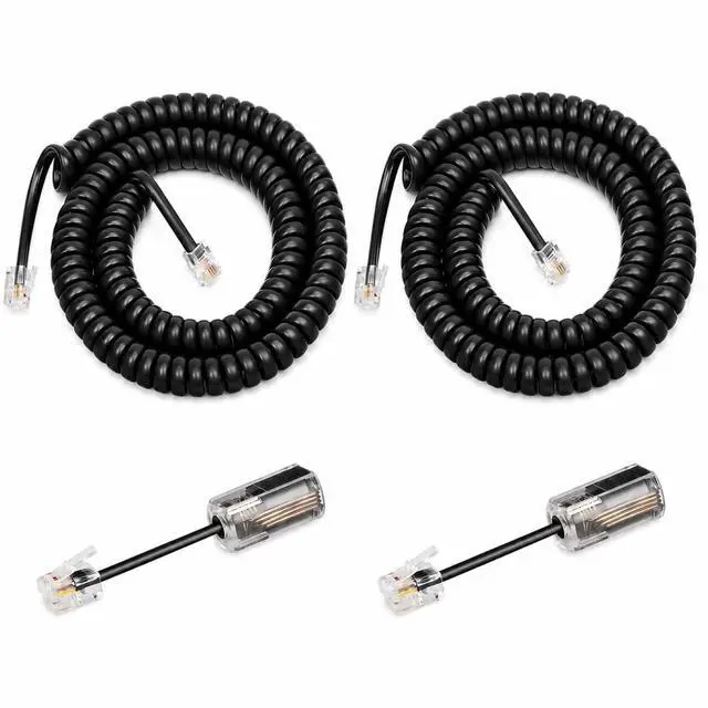 Main image of 2 Pack Telephone Handset Cords with Detanglers, Black Phone Cords | 1.2Ft Coiled/10Ft Uncoiled Phone Cord for Landine, 360° Rotating Anti-Tangle Swivel, Work with Most RJ9 Phones, Home Office