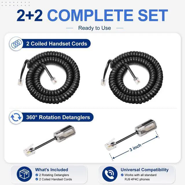 Alt view image 5 of 7 - 2 Pack Telephone Handset Cords with Detanglers, Black Phone Cords | 1.2Ft Coiled/10Ft Uncoiled Phone Cord for Landine, 360° Rotating Anti-Tangle Swivel, Work with Most RJ9 Phones, Home Office