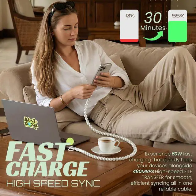 Alt view image 3 of 7 - 4-in-1 Beaded Charging Cable, MFi Certified, Works with CarPlay, 3.3FT 60W Fast Charger Cord for iPhone 17/16/15/14/13/12/11, iPad, Samsung, Android and More (Pure Pearl)