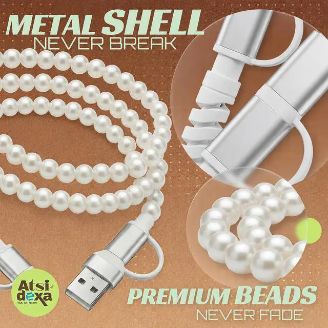 Alt view image 6 of 7 - 4-in-1 Beaded Charging Cable, MFi Certified, Works with CarPlay, 3.3FT 60W Fast Charger Cord for iPhone 17/16/15/14/13/12/11, iPad, Samsung, Android and More (Pure Pearl)