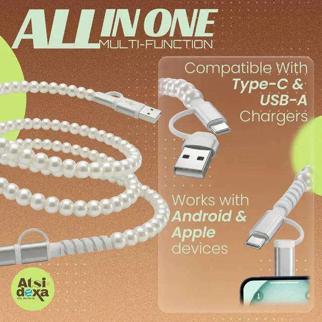 Alt view image 7 of 7 - 4-in-1 Beaded Charging Cable, MFi Certified, Works with CarPlay, 3.3FT 60W Fast Charger Cord for iPhone 17/16/15/14/13/12/11, iPad, Samsung, Android and More (Pure Pearl)
