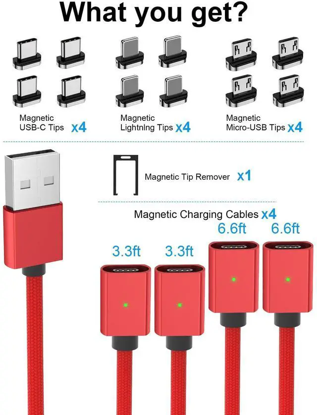 Alt view image 6 of 7 - Magnetic Charging Cable 3A Fast Charging (4-Pack, 3.3/3.3/6.6/6.6 ft) 3 in 1 Magnetic Phone Charger, 480Mbps Data Transfer, USB A to Type C Charger Cable USB-C/Iproduct Micro USB Device (Deep Red)