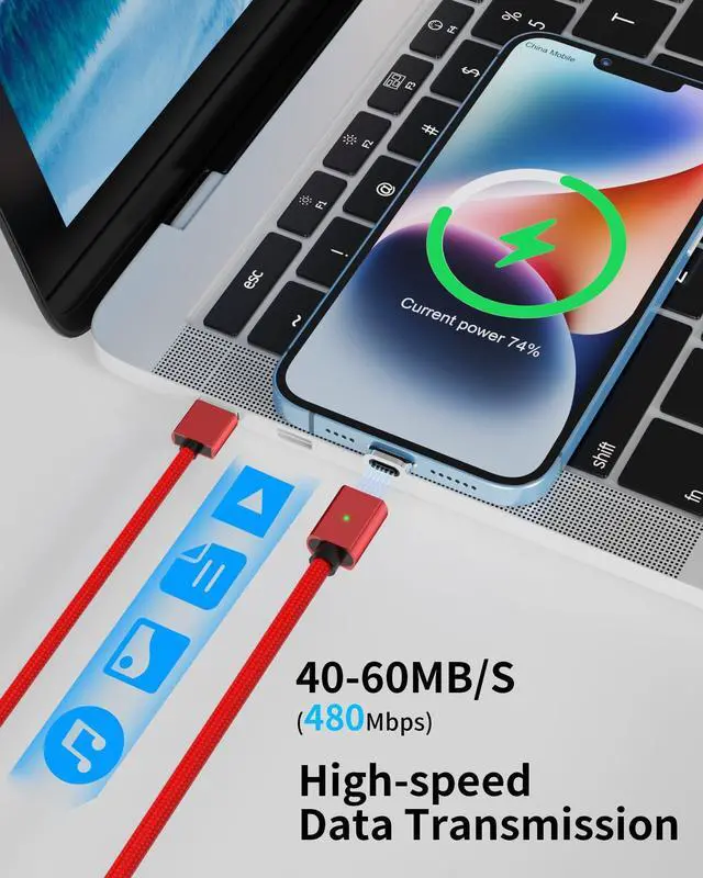 Alt view image 3 of 7 - Magnetic Charging Cable 3A Fast Charging (4-Pack, 3.3/3.3/6.6/6.6 ft) 3 in 1 Magnetic Phone Charger, 480Mbps Data Transfer, USB A to Type C Charger Cable USB-C/Iproduct Micro USB Device (Deep Red)