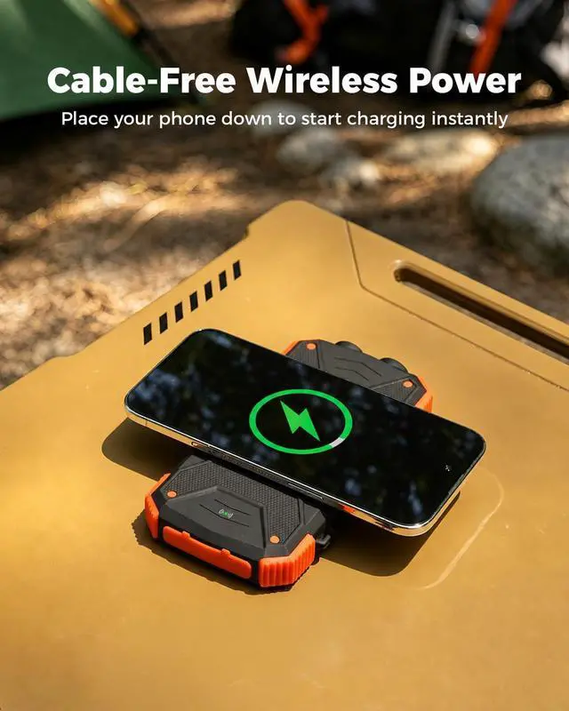 Alt view image 2 of 7 - Solar Power Bank 10,000mAh Portable Wireless Charger for Cell Phones | 20W USB-C battery pack, battery bank, IPX5 waterproof, 2 flashlights, camping essentials, hiking gear, emergency solar backup