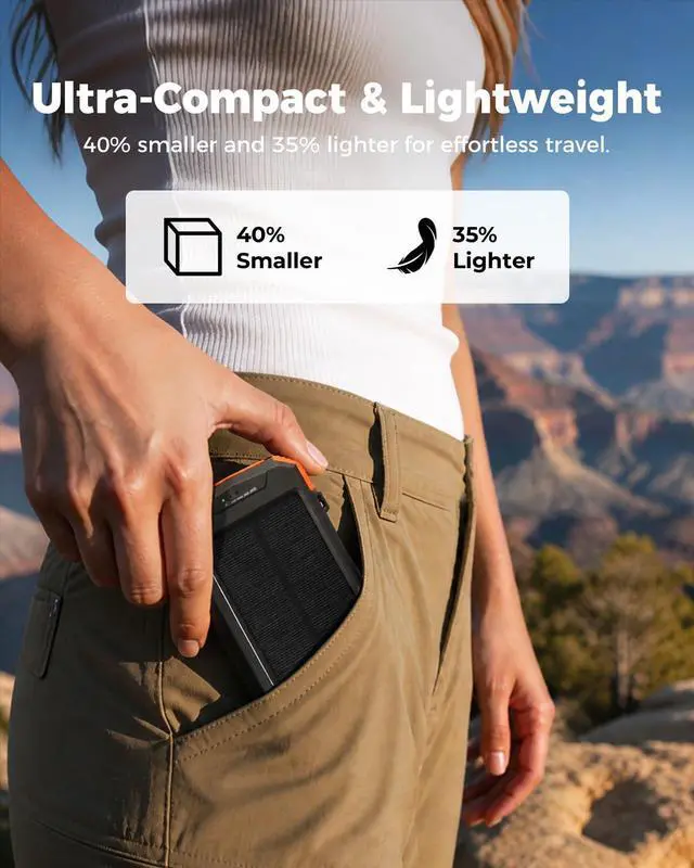 Alt view image 3 of 7 - Solar Power Bank 10,000mAh Portable Wireless Charger for Cell Phones | 20W USB-C battery pack, battery bank, IPX5 waterproof, 2 flashlights, camping essentials, hiking gear, emergency solar backup