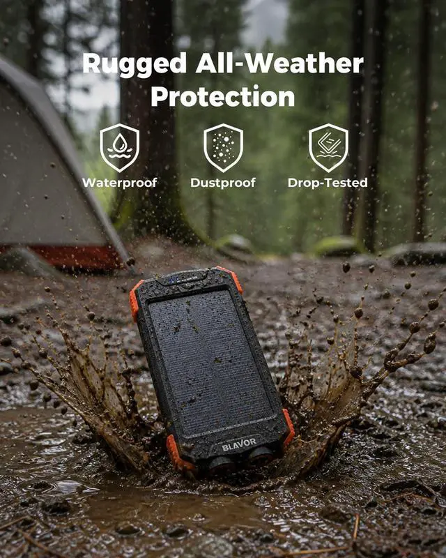 Alt view image 5 of 7 - Solar Power Bank 10,000mAh Portable Wireless Charger for Cell Phones | 20W USB-C battery pack, battery bank, IPX5 waterproof, 2 flashlights, camping essentials, hiking gear, emergency solar backup