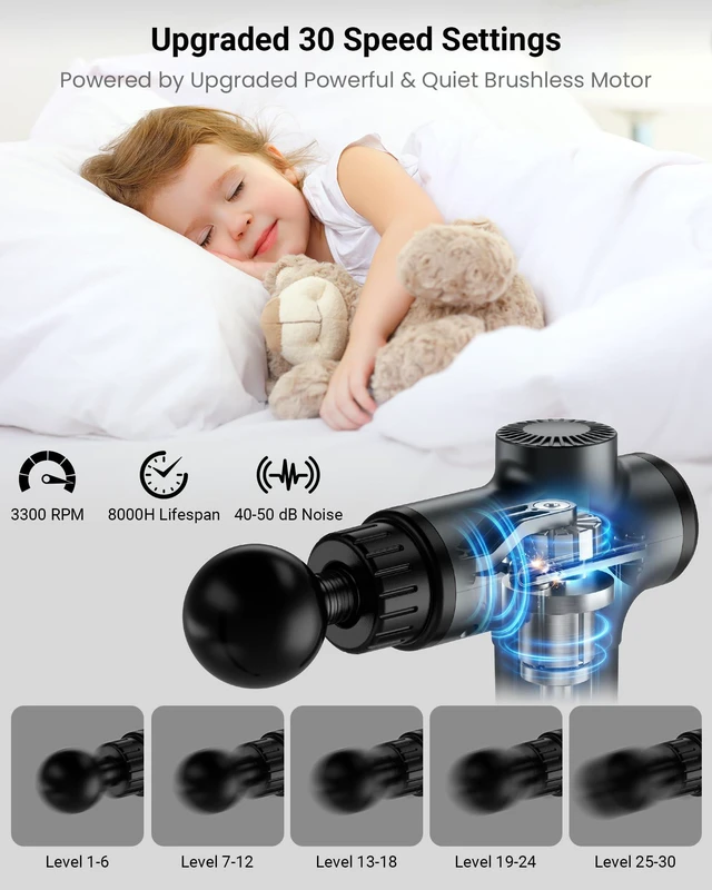 Alt view image 3 of 7 - Massage Gun, Deep Tissue Percussion Massager 30 Speeds for Pain Relief | Handheld Electric Back & Neck Muscle Massager with 6 Massage Heads for Athletes, Men & Women (Gray)