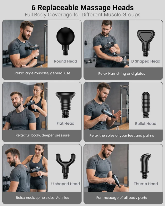 Alt view image 5 of 7 - Massage Gun, Deep Tissue Percussion Massager 30 Speeds for Pain Relief | Handheld Electric Back & Neck Muscle Massager with 6 Massage Heads for Athletes, Men & Women (Gray)