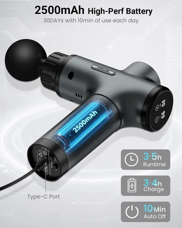 Alt view image 4 of 7 - Massage Gun, Deep Tissue Percussion Massager 30 Speeds for Pain Relief | Handheld Electric Back & Neck Muscle Massager with 6 Massage Heads for Athletes, Men & Women (Gray)