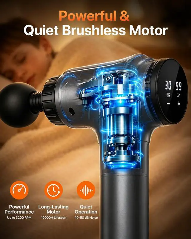 Alt view image 3 of 7 - Massage Gun, 30 Speeds, 6 Heads, Quiet Deep Tissue Muscle Massager | Mini handheld percussion massager for back, neck, shoulders and body; ideal for athletes, workouts and muscle recovery.