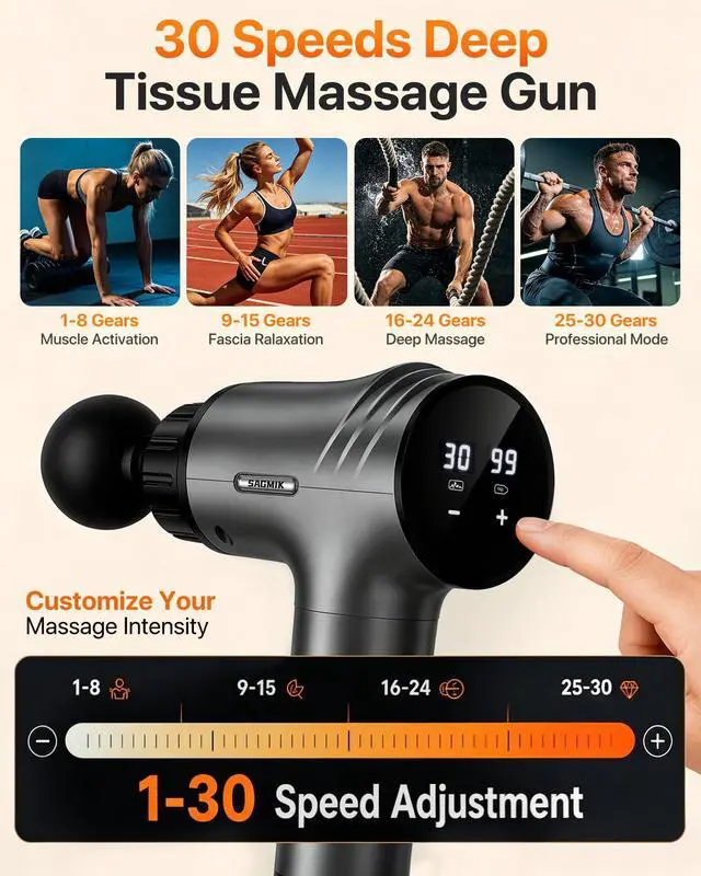 Alt view image 4 of 7 - Massage Gun, 30 Speeds, 6 Heads, Quiet Deep Tissue Muscle Massager | Mini handheld percussion massager for back, neck, shoulders and body; ideal for athletes, workouts and muscle recovery.
