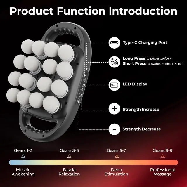Alt view image 6 of 7 - 16 Head Massage Gun, Deep Tissue Percussion Massager for Athlete with 9 Modes & 9 Speeds, Portable & Quiet Handheld Electric Muscle Massager for Back, Neck and Shoulder